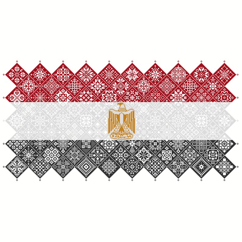 May include: A stylized Egyptian flag made of small geometric shapes. The flag is red, white, and black with a gold eagle in the center.