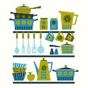 May include: A set of kitchenware in a retro style with blue and green colors. The set includes pots, pans, a pitcher, mugs, and utensils.