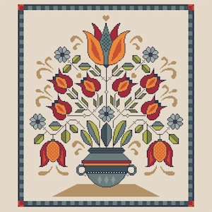 Schema punto croce Fraktur Vaso di fiori basato su Tradizionale Battesimo Tedesco Certificati di nascita Folk Sampler PDF scarica lo schema 327C
