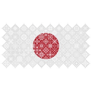 Muestrario de punto de cruz Quaker con la bandera de Japón, cuadrados de patchwork en mosaico, diseño patriótico de Vivsters, gráfico contado en PDF 042JP