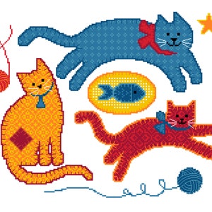 Könnte beinhalten: Drei gestickte Filzkatzen mit unterschiedlichem Fell und Zubehör. Eine blaue Katze mit einer roten Schleife, eine orange Katze mit einer blauen Schleife und eine rote Katze mit einer blauen Schleife. Die blaue Katze liegt mit einem gelben Fisch auf einem gelben Oval. Die orange Katze sitzt mit einem roten Diamanten auf dem Rücken. Die rote Katze springt mit einem blauen Wollknäuel.