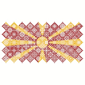 Patrón de punto de cruz Quaker Sampler Bandera de Macedonia del Norte mosaico cuadrados diseño patriótico por Vivsters, PDF contado gráfico 042MK