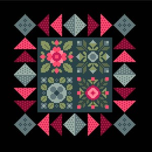 Patrón de punto de cruz para patchwork, bloque de colcha con flores, Midnight Garden, cuadrados y triángulos florales de Vivsters, gráfico contado en PDF 297