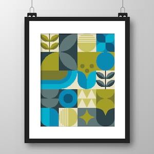 Patrón de punto de cruz geométrico retro: Azul y verde escandinavo (gráfico contado en PDF 004A)