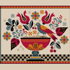 Tulipes Fraktur au point de croix et vase de fleurs Distelfink, échantillonneur primitif américano-allemand, art folklorique de style traditionnel PDF compté, tableau 325