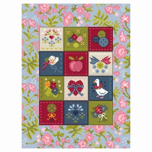 Cross Stitch Patchwork Quilt Americana Block Stitched Floral Bows Buttons Bonnet Goose Squares Folk Art by Vivsters PDF counted chart 162A
