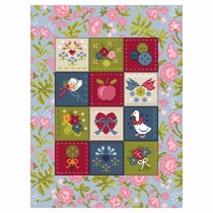 May include: A patchwork quilt design with nine squares featuring various floral and animal motifs. The squares are in shades of red, blue, green, and beige, with a white goose, a red apple, and a blue heart. The background is a light blue with a floral pattern.