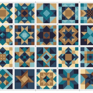 Cross Stitch Chart Patchwork Quilt Block Pattern Squares Quilt Brown Turquoise colourway - Folk Art design by Viv - PDF counted pattern 066D