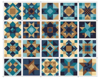 Cross Stitch Chart Patchwork Quilt Block Pattern Squares Quilt Brown Turquoise colourway - Folk Art design by Viv - PDF counted pattern 066D