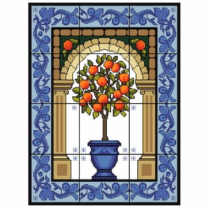 Patrón de punto de cruz: Mural de cocina con azulejos cítricos botánicos tradicionales portugueses/españoles de naranja y árbol frutal, gráfico en PDF de Vivienne Powers 173
