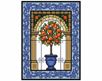 Cross stitch pattern Orange Fruit Tree Traditional Portuguese/Spanish Botanical Citrus Tile Kitchen Mural PDF chart by Vivienne Powers 173