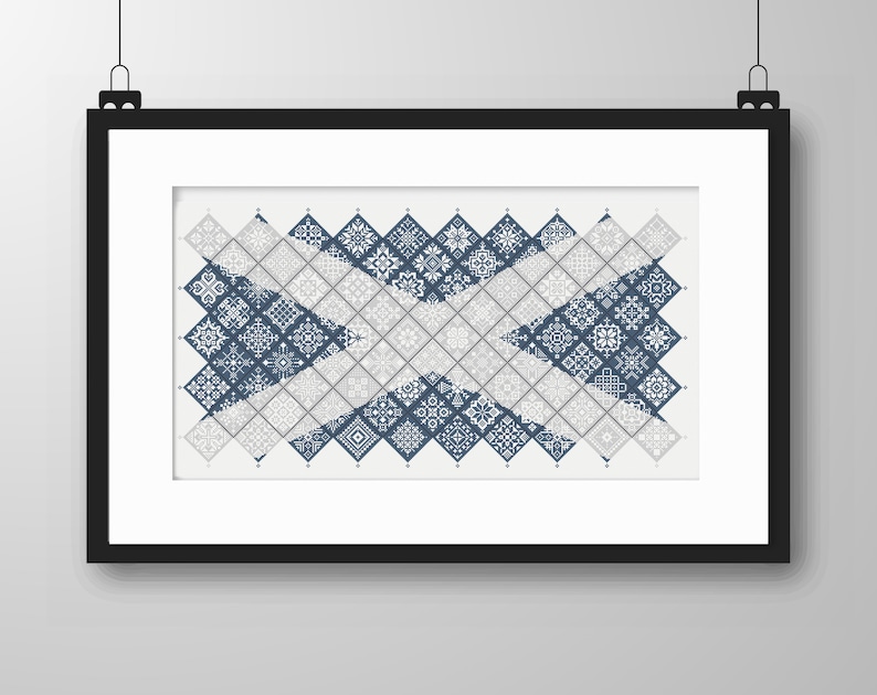Cross Stitch Quaker Sampler Scotland St Andrews Flag tiled patchwork squares patriotic design by Vivsters, PDF counted chart 042SCT image 2
