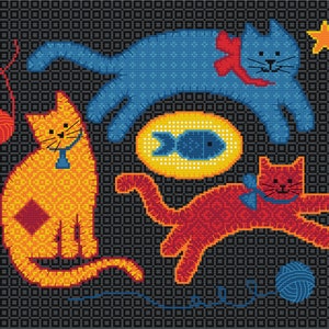 Puede incluir: Un diseño de punto de cruz colorido con tres gatos, un pez y ovillos de lana. Los gatos son naranja, rojo y azul. El pez es azul y amarillo. Los ovillos de lana son azules y rojos.