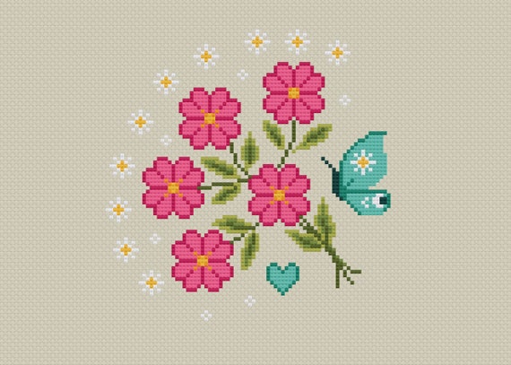 Primrose and Butterfly Cross Stitch Pattern: Mini Floral Bouquet
