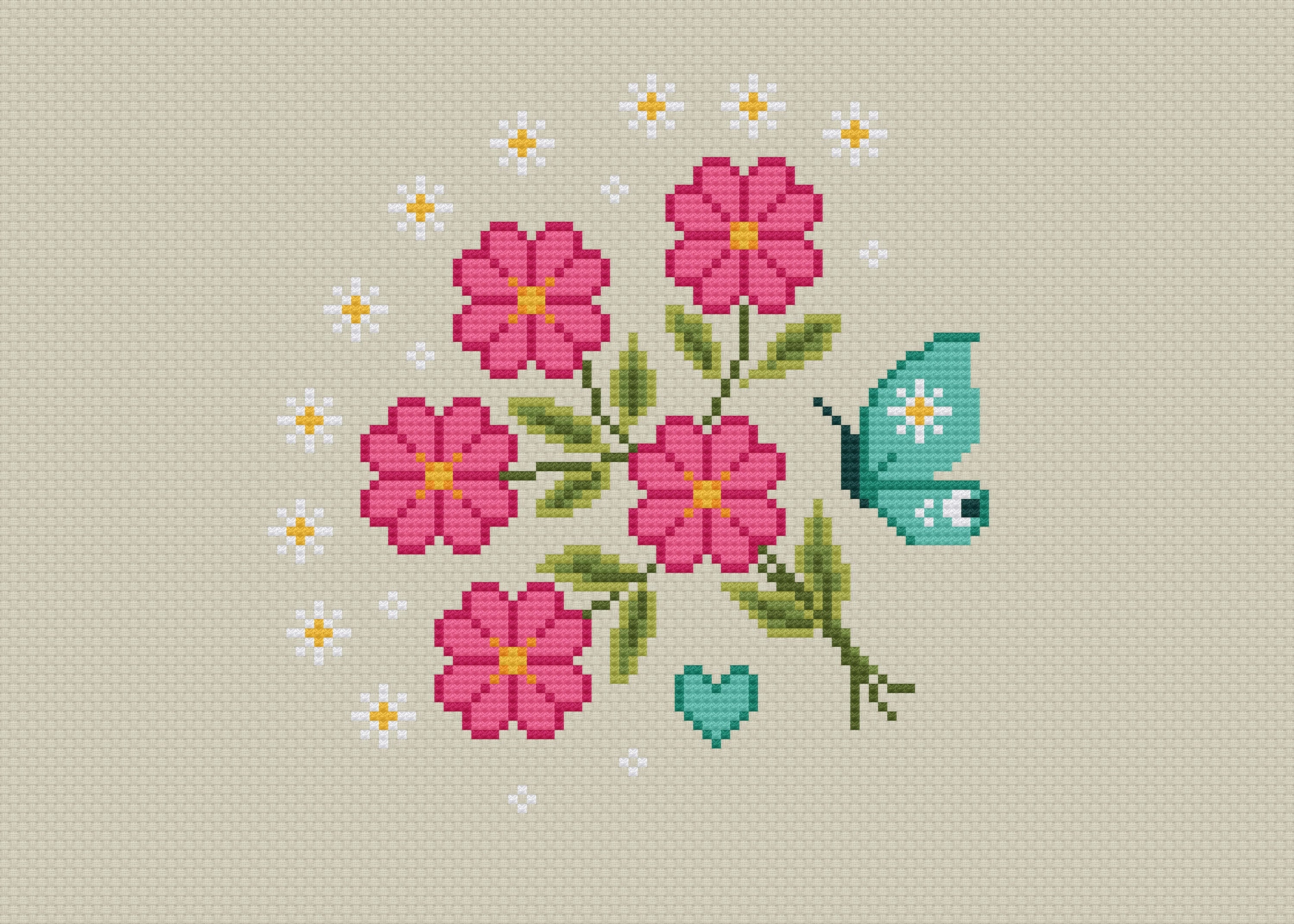 Primrose and Butterfly Cross Stitch Pattern: Mini Floral Bouquet