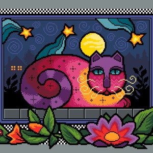月のそばの素敵な夜の猫 - カラフルな猫シリーズ - Vivsters によるクロスステッチ/タペストリー PDF チャート - クロスステッチ パターン 083