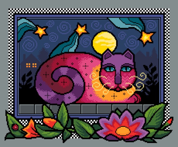 Fabulous Feline Night Cat by the Moon Colourful Cats Series Cross  Stitch/tapestry PDF Chart by Vivsters Cross Stitch Pattern 083 