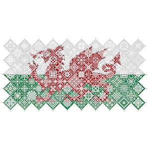 Cross Stitch Quaker Sampler Wales Red Dragon Baner Cymru Flag azulejos patchwork cuadrados diseño patriótico de Vivsters, PDF contado gráfico 042WLS