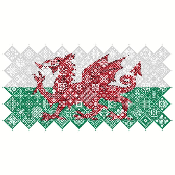 Cross Stitch Quaker Sampler Wales Red Dragon Baner Cymru Flag tiled patchwork squares patriotic design by Vivsters, PDF counted chart 042WLS