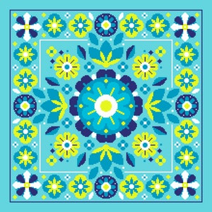 Cross stitch pattern, Neon series blue geometric linear flower bouquet Mandala Scandinavian design Instant PDF chart by Vivienne Powers 044A