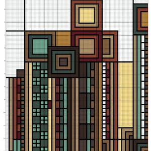 May include: A cross-stitch pattern featuring an abstract geometric design in shades of brown, teal, and yellow. The pattern includes squares, rectangles, and vertical lines, with the text "&copy; 2026 Saguaro and Flowers BROWN - Vivienne Powers" at the bottom.