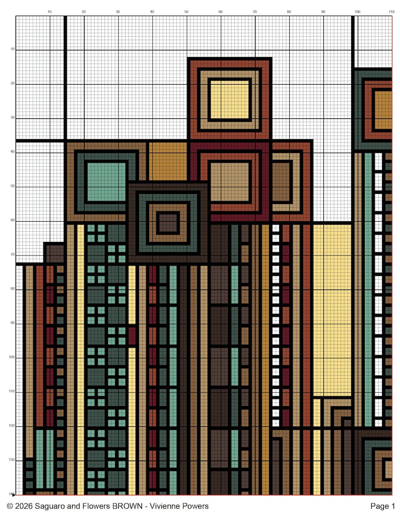 May include: A cross-stitch pattern featuring an abstract geometric design in shades of brown, teal, and yellow. The pattern includes squares, rectangles, and vertical lines, with the text "&copy; 2026 Saguaro and Flowers BROWN - Vivienne Powers" at the bottom.