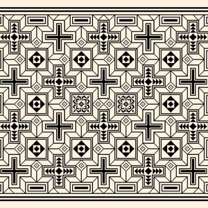 May include: Black and white geometric pattern with a repeating design of crosses, diamonds, and arrows. The pattern is set against a cream background.