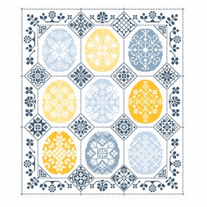 Cross Stitch pattern Quaker motif Easter Egg hunt sampler with Spring flower border modern folk design by Vivsters PDF counted chart 133A