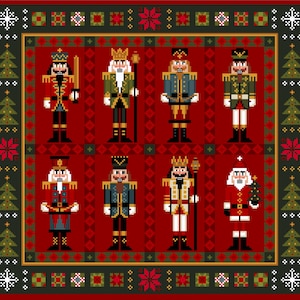 May include: A festive design on a red background, featuring eight pixelated nutcracker figures in military-style uniforms. The design includes a green border with Christmas tree and snowflake motifs. The nutcrackers are in shades of red, green, blue, and gold.