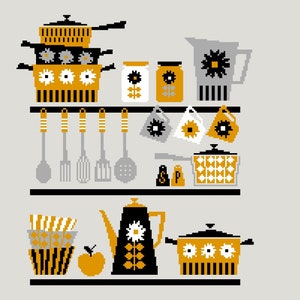 Mid Century retro 50&#39;s kitchen coffee pot, cups, pots and pans - Dark Shade - Quirky modern cross stitch/tapestry chart by Vivsters - 186A