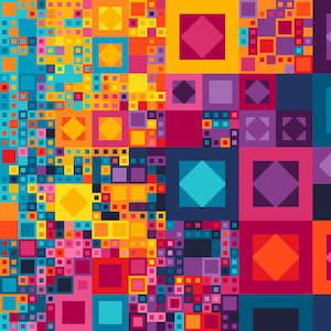 May include: Abstract geometric design featuring a mosaic of colorful squares and rectangles. The artwork uses a vibrant palette of blues, oranges, pinks, and purples, creating a visually dynamic and modern composition. The design is reminiscent of pixel art.
