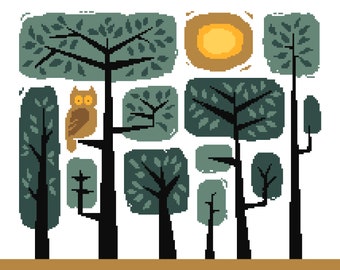 Scandinavian Owl Cross Stitch Pattern: Folk Art Enchanted Forest (PDF Counted Chart 006A)