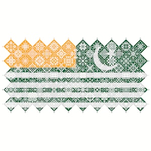 Cross Stitch Quaker Sampler Azad Kashmir Flag azulejos patchwork cuadrados diseño patriótico por Vivienne Powers, PDF contado gráfico 042AJK