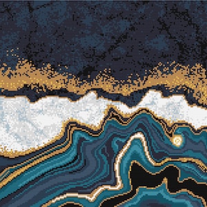 Può includere: Stampa d'arte astratta con un design marmoreo blu, verde e oro. Il design marmoreo ricorda un paesaggio con un cielo bianco e nuvoloso.