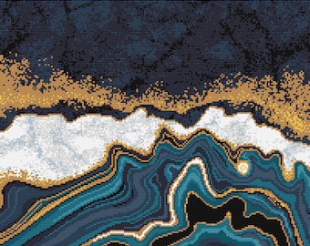 Cross Stitch Shimmering Gold and Blue Agate marble - Modern Abstract cross stitch wall art - design by Vivsters - PDF counted chart 229A