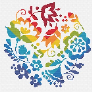 Kruissteek Oekraïense volkskunst Regenboogbloemen op marineblauwe of witte achtergrond Bloemen moderne telpatroon door Vivienne Powers 224C
