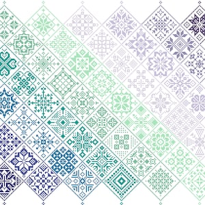 Cross Stitch Quaker Sampler, cuadrados de patchwork de azulejos con bandas de bosque de piedras preciosas, diseño de arte popular moderno de Vivsters - gráfico contado PDF 042C