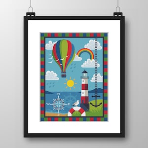 O Farol e o Balão de Ar Quente - Friso marítimo infantil - ponto cruz/tapeçaria Gráfico PDF - Padrões em ponto cruz 128