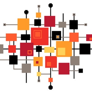 Patrón de punto de cruz - Cuadrados modernos de mediados de siglo - Gráfico de arte retro abstracto modernista de los años 50 WARM - Descarga instantánea en PDF por Vivsters - 252B