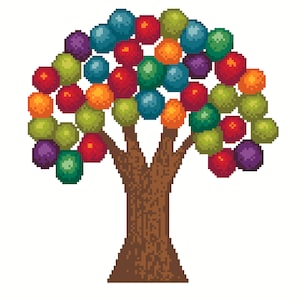 May include: A pixel art tree with a brown trunk and branches, decorated with colourful round ornaments in shades of red, orange, yellow, green, blue, and purple.