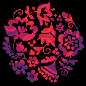 Punto de cruz Flores de arte popular ucraniano sobre fondo arremolinado de mármol rosa, gráfico de punto de cruz contado moderno floral de Vivienne Powers 224B