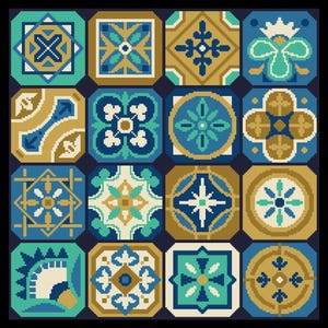 May include: A grid of sixteen square tiles featuring a variety of geometric and floral patterns in shades of teal, navy blue, cream, and gold. Each tile displays a distinct symmetrical design, creating a cohesive collection of decorative motifs.