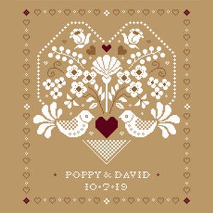 Cross stitch pattern Wedding Sampler + alphabet to personalise yourself - Folk Art love Birds cross stitch/tapestry chart by Vivsters - 047