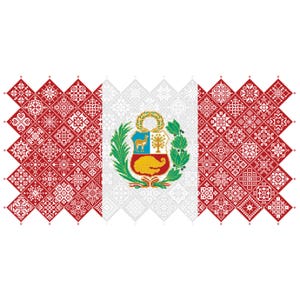 May include: A stylised representation of the Peruvian flag. The flag has a central white stripe bearing the Peruvian coat of arms, with patterned red and white sections on either side. The red sections have a repeating geometric design.