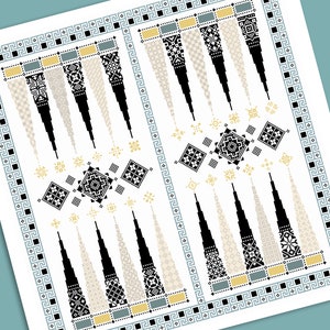 May include: A black and white patterned backgammon board with a geometric design. The board is framed with a blue and gold border.