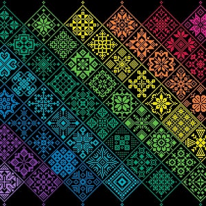 Muestrario de punto de cruz Quaker: cuadrados de mosaico con mosaicos de arcoíris con bandas sobre fondo negro. Diseño de arte popular moderno de Vivsters. Gráfico contado en PDF 042D
