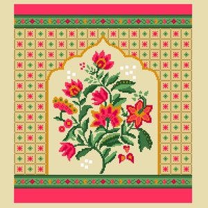 Cross Stitch Styles of the world - Indian Pink Munghal Flowers - Traditional Islamic Ethnic Folk Art by Vivsters - PDF counted chart 256A