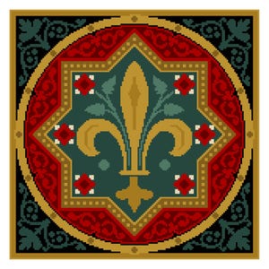 Op de afbeelding: Een gedetailleerd, vierkant ontwerp met een centrale fleur-de-lis in goud, omringd door een turquoise achtpuntige ster en een rode cirkelvormige rand. Het ontwerp bevat kleine rode vierkanten en groene bloemaccenten, alles tegen een zwarte achtergrond.