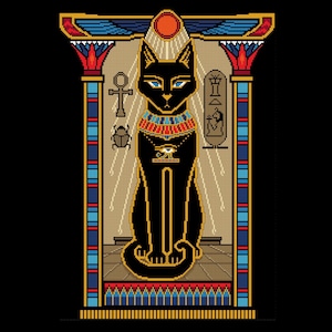 Bast Cat, déesse du temple de l'Égypte ancienne utilisant de l'or métallique avec des hiéroglyphes - Grille de téléchargement PDF par Vivsters - Modèle de point de croix 027