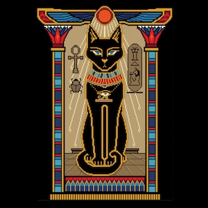 Bast Cat Ancient Egyptian Temple Godess using metallic gold with Heiroglyphics - PDF download chart by Vivsters - Cross Stitch Pattern 027